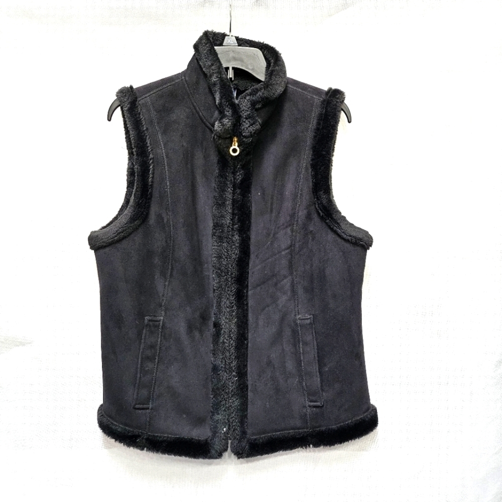 Chaps Fuax Fur Suede 100% Polyester Zip Up Black Vest Gold Accent Size L